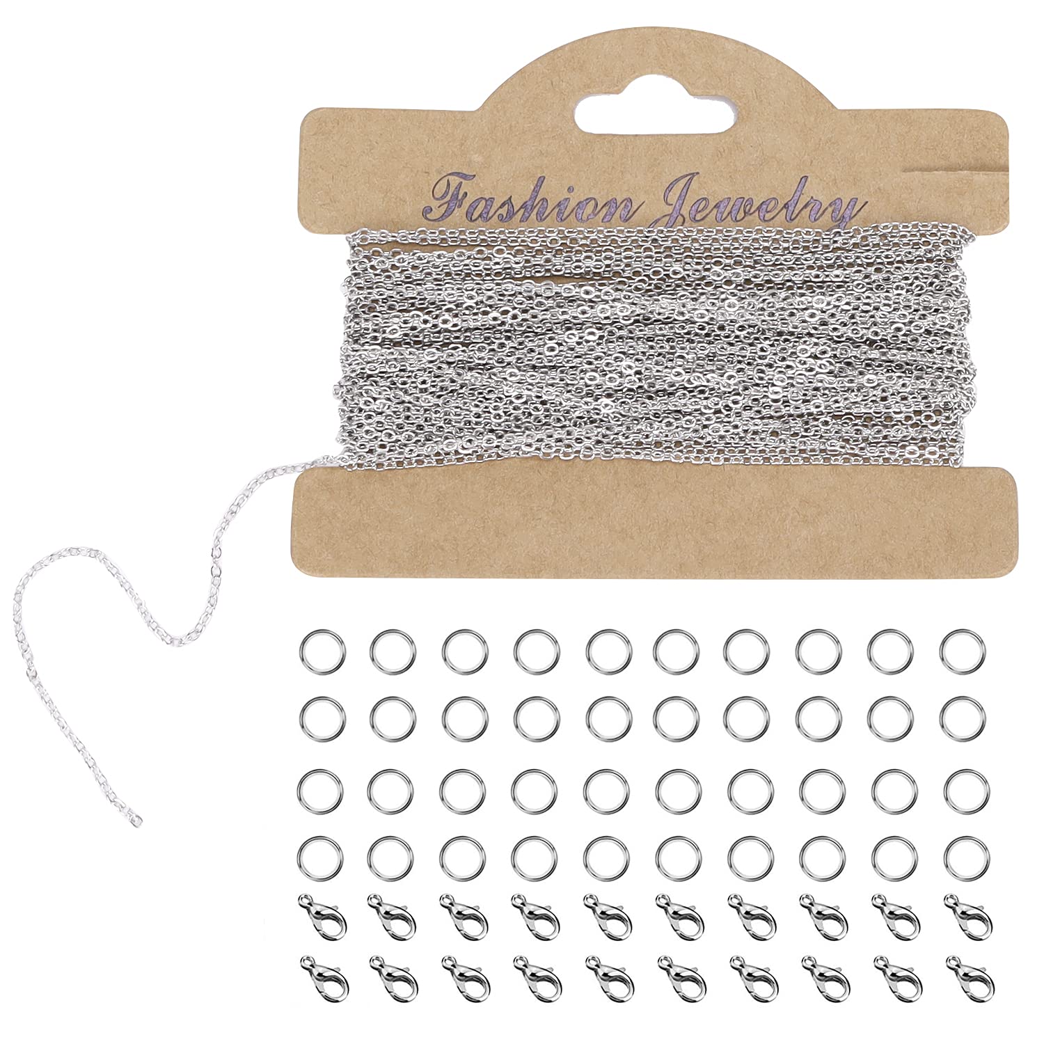 33 Feet Silver Necklace Chain for Jewellery Making, 1.5mm Link Chains Roll with 20 Lobster Clasps and 40 Jump Rings, Stainless Steel Chains Extenders for Necklace Bracelet Making DIY Craft