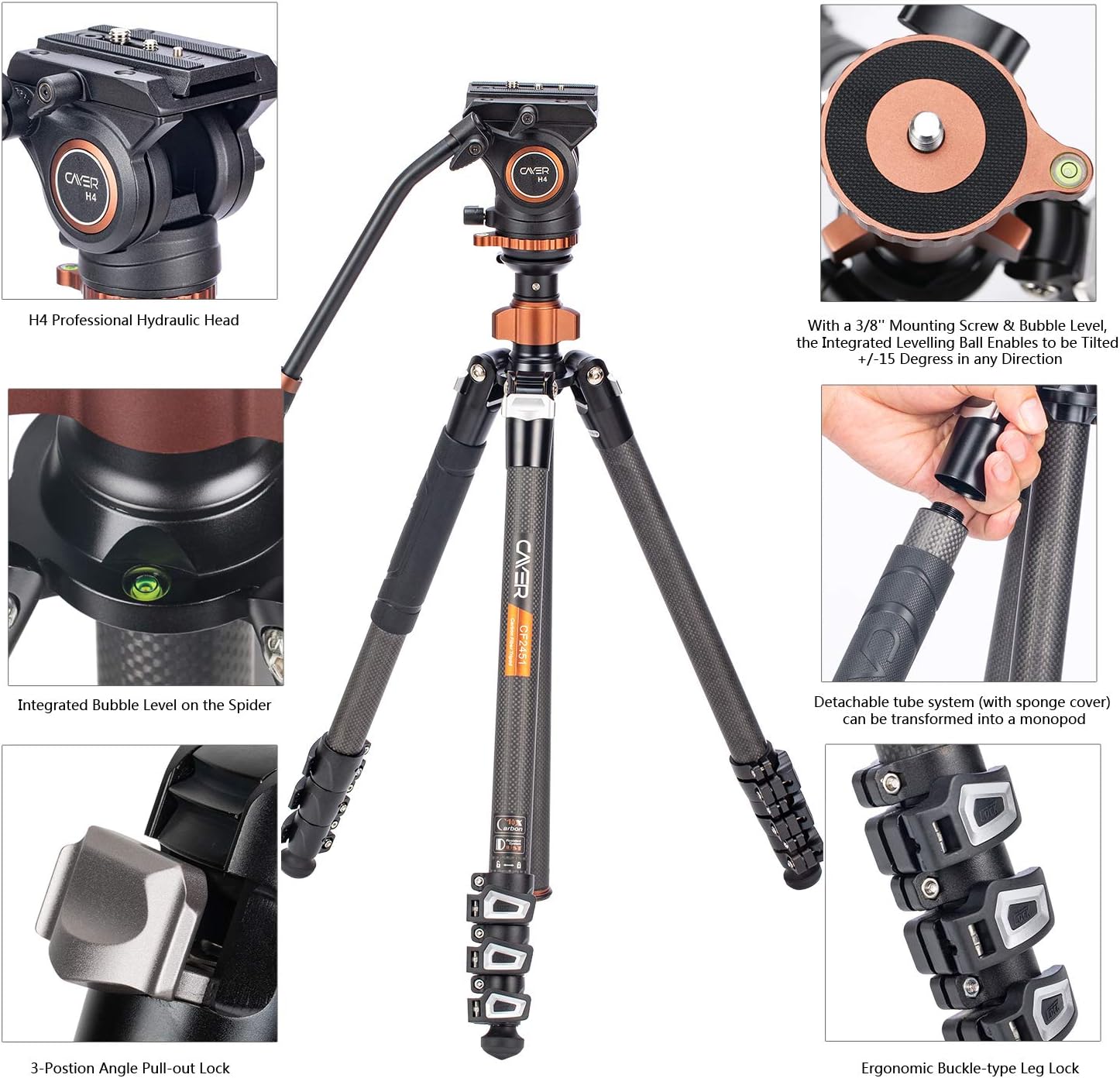 Cayer CF2451 Video Tripod 67 inches Carbon Fiber Tripod Leg with Fluid Drag Head, 4-Section Compact DSLR Tripod Convertible to Monopod for DSLR Camera, Video Camcorder : Camera & Photo