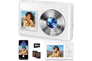 8K Digital Camera, 96MP WiFi Camera for Photography with Dual Screen(White) | Autofocus, Anti-Shake, 16X Zoom, Vlogging Point Shoot Camera for Teens, Beginners, Travel, 2 Batteries, 32GB Card