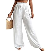 RoseSeek Women's Cover Up Beach Pants Sheer Mesh Drawstring Wide Leg High Waist Bikini Swimsuit Coverups