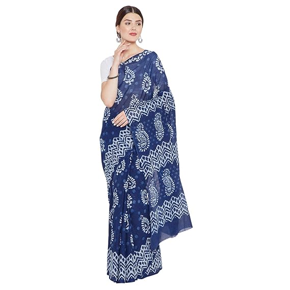 Finest Quality Cotton - Handmade Indigo Double Dabu print - Block Print Saree with Blouse Piece BAPASA0056