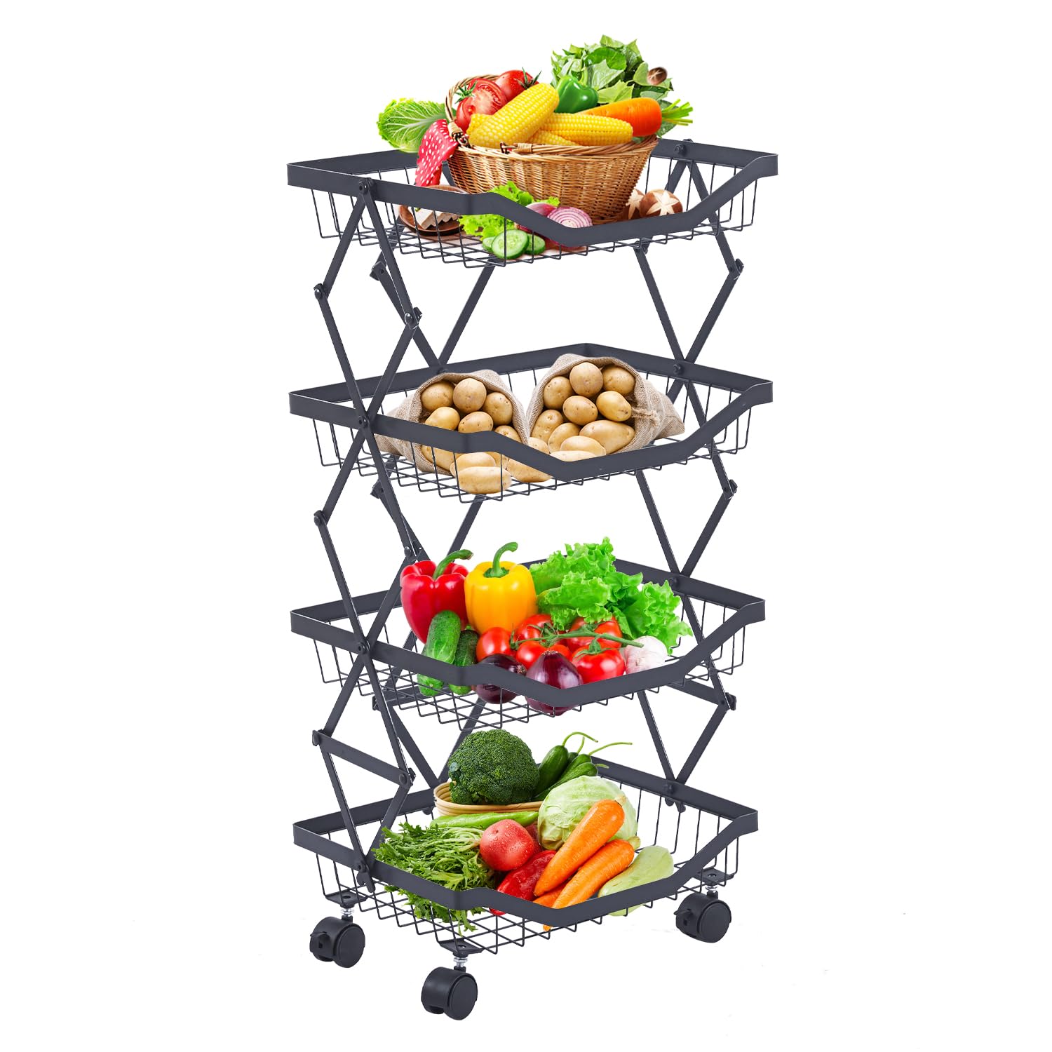 Photo 1 of ULIKEUS 4 Tier Fruit Basket for Kitchen Stackable Metal Wire Fruit Vegetable Basket with Wheels Narrow Corner Rolling Utility Cart for Kitchen, Pantry, Bathrooms, Garage