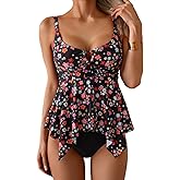 Aidonger Tankini Swimsuit for Women Tummy Control Two Piece Bathing Suit V Neck Flowy Swimwear Top with Bottom
