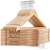 Amber Home 30 Pack Wooden Coat Hangers, Natural Wood Suit Hangers with Non Slip Pant Bar, Clothes Hangers for Shirts, Jackets, Dress, Pant (Natural, 30)