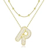 gelbesty Gold Bubble Letter Necklaces for Women,Initial Layered 14K Gold Plated Dainty Balloon Choker Necklace,Trendy Cute Chunky Cubic Zirconia Alphabet 26 A-Z Pendant Jewelry Gifts for Women