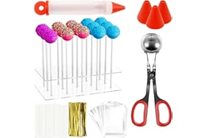 303Pcs Cake Pop Kit - Including 100 Cake Pop Sticks, 100 Lollipop Wrappers, 100 Gold Ties, Clear Acrylic Display Stand, Metal