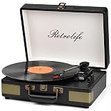 Retrolife Record Player 3 Speed Bluetooth Portable Suitcase Vinyl Player with Built-in Speakers Turntable Enhanced Audio Sound PU Leather Vintage