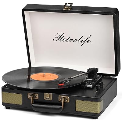 Retrolife Record Player 3 Speed Bluetooth Portable Suitcase Vinyl Player with Built-in Speakers Turntable Enhanced Audio Sound PU Leather Vintage