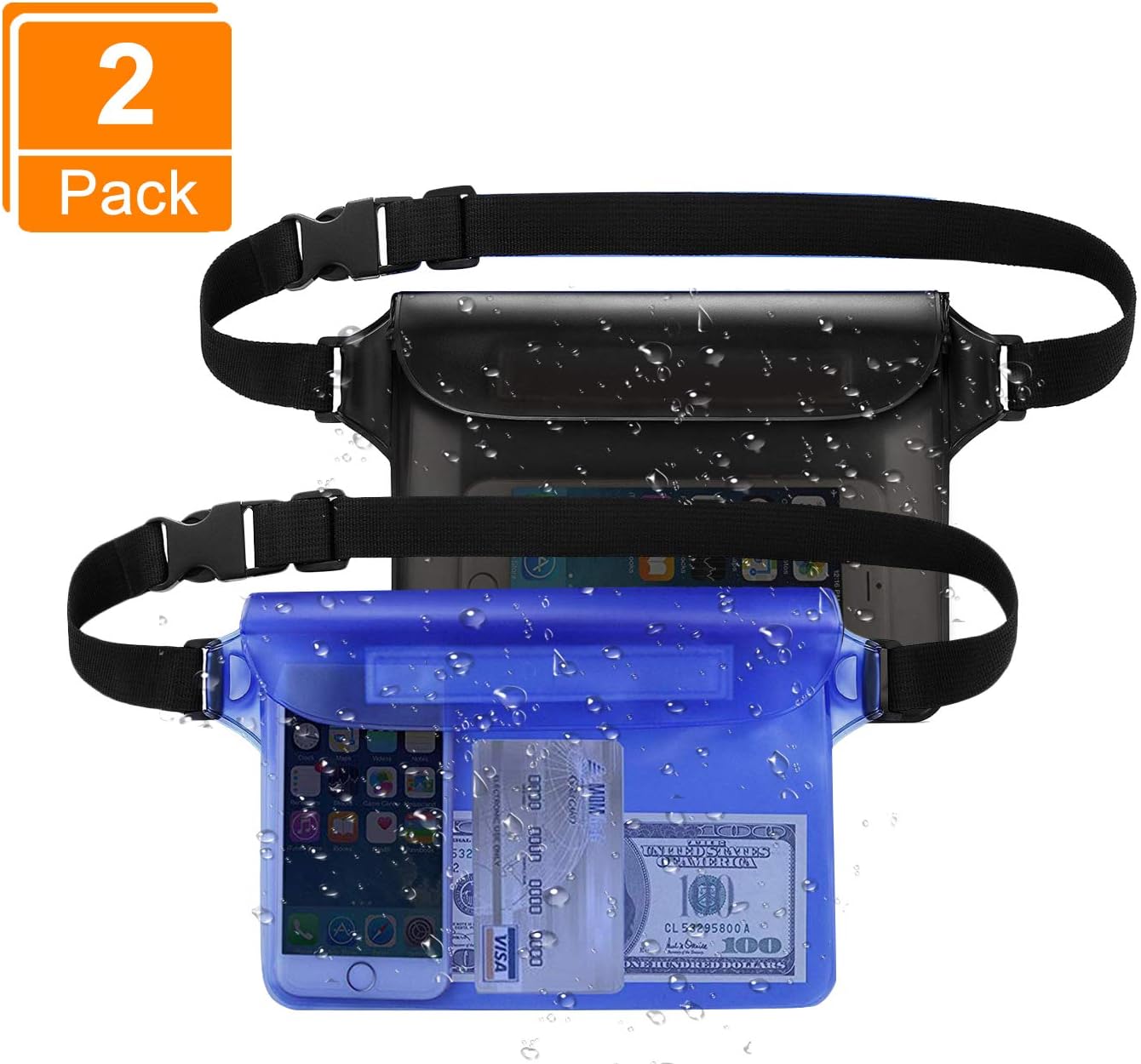 2Pack Waterproof Pouch Bag with Adjustable Waist Strap, Waterproof