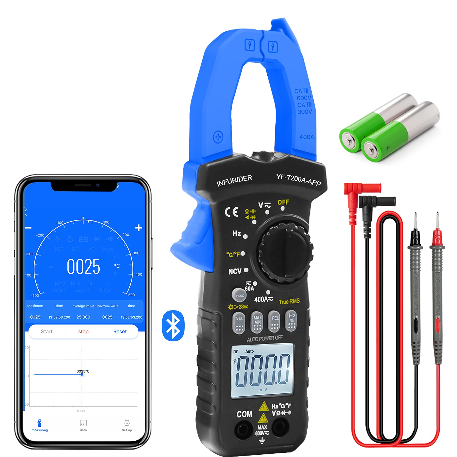 INFURIDER Wireless Bluetooth Clamp Meter, YF-7200APP 6000 Counts Auto-Ranging Digital Voltmeter Ammeter Measures DC AC Volt Amp Ohm Clamp on Multimeter with Capacitance,Temp,Diode Tester