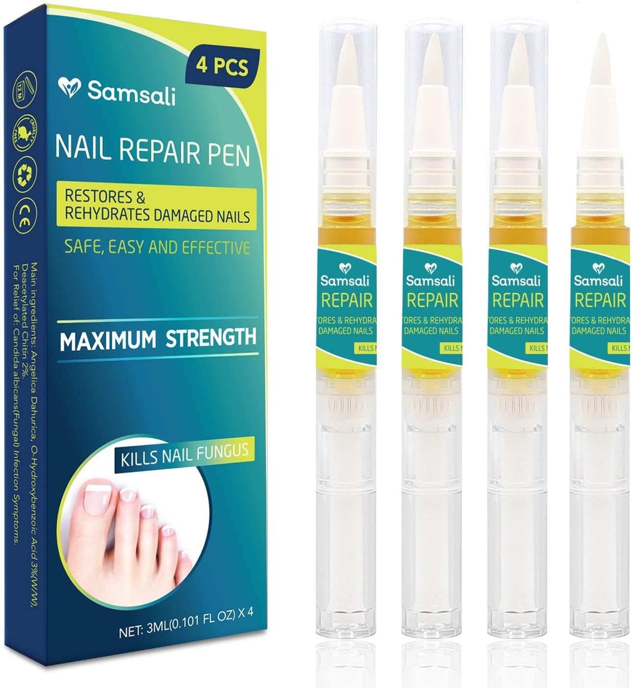 Samsali Toenail and Nail Repair Pens, Perfect for Strengthening, Clearing and Restoring Toenails and Nails, Best Toenail and Nails Care Solutions for Discolored and Damaged Nails, 4 Pcs