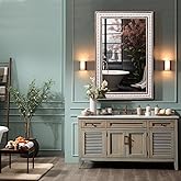 Rectangle Mirror Wooden Bathroom Mirrors - 35x23'' Boho Rectangular Mirrors for Wall Rustic Farmhouse Decorative Mirrors for 