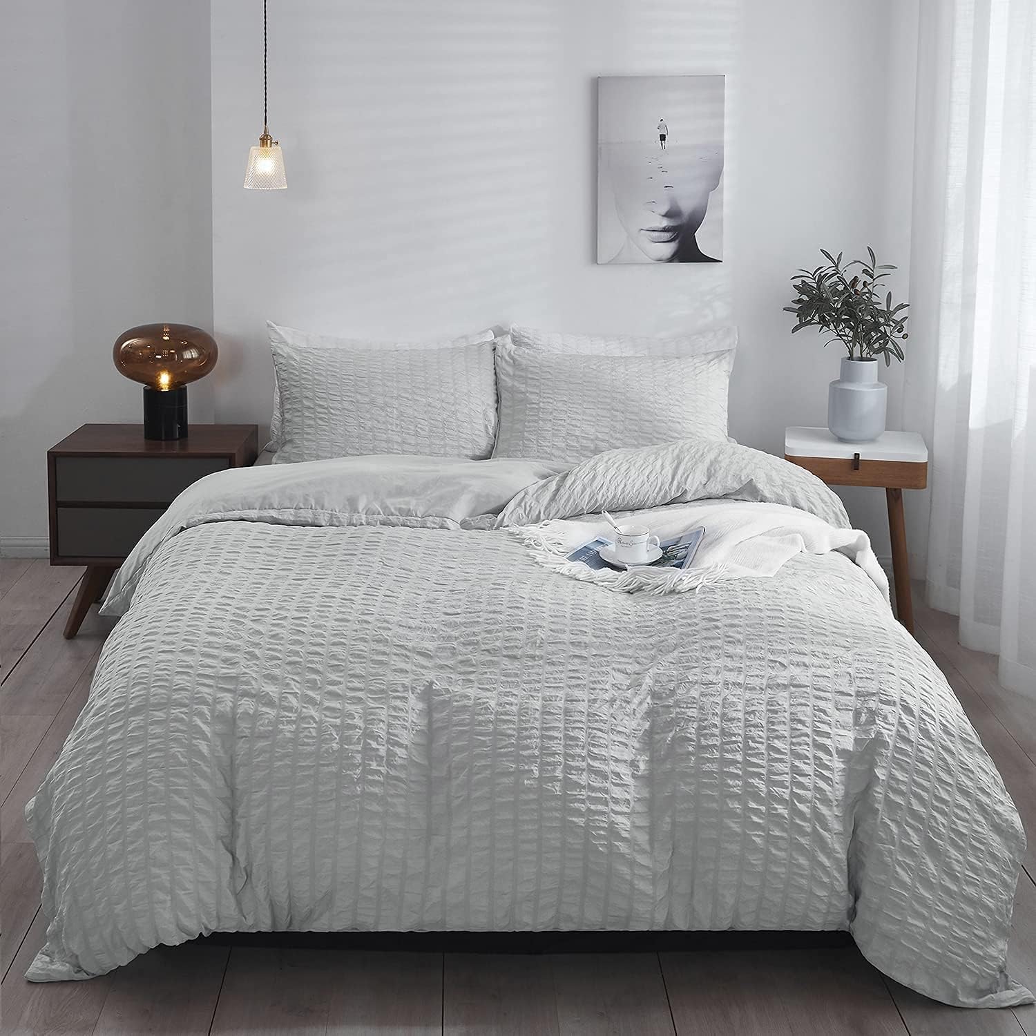 Seersucker Bedding Set King Bed Duvet Cover Sets 100% Cotton Silver Waffle Quilt Covers with Pillowcases