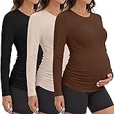 Oakgarden 3 Pack Women's Maternity Athletic Yoga Shirts Pregnancy Long Sleeve Side Ruched Tops Casual Crew Neck Basic Tee