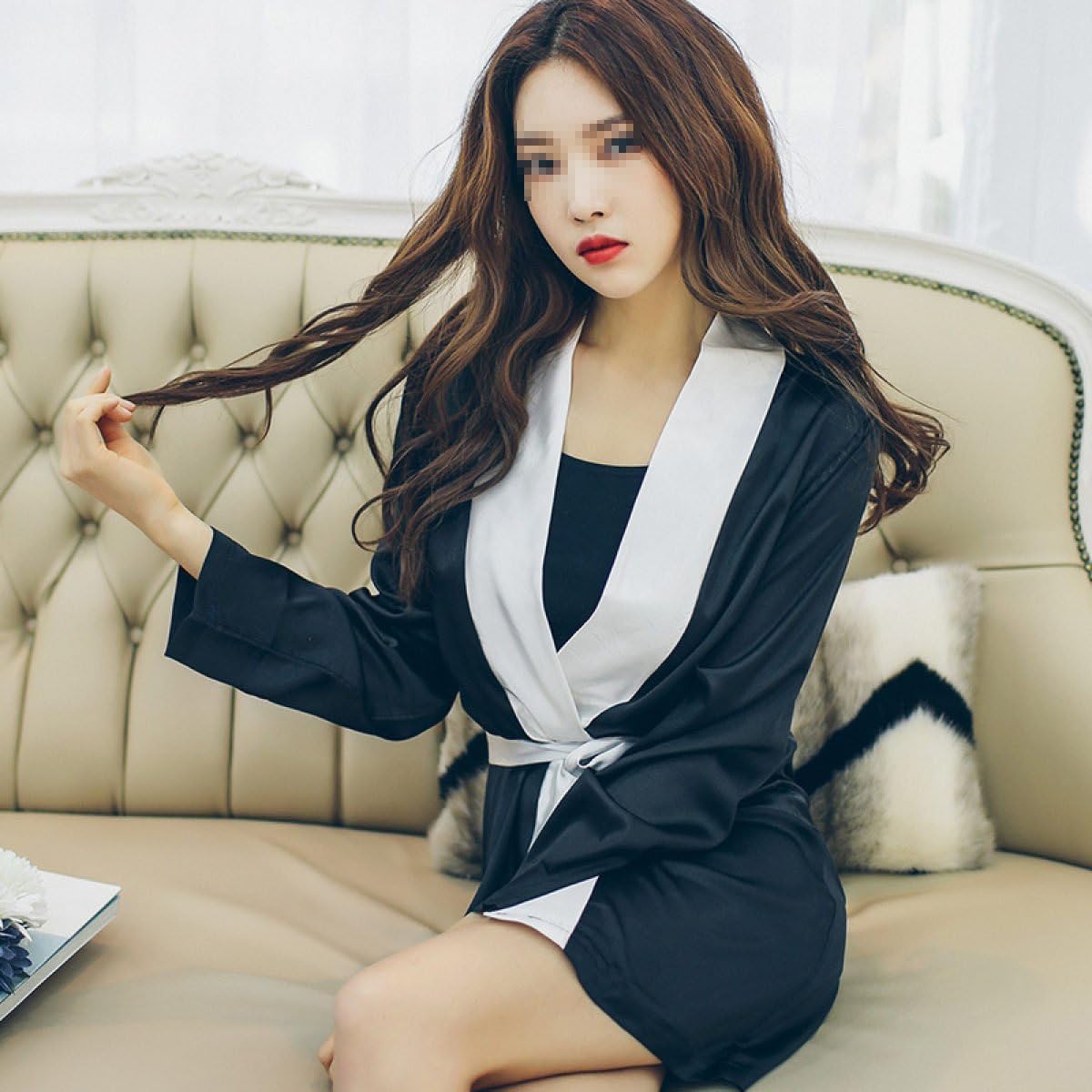 OGTOP Summer Ladies Sexy Imitation Silk Pajamas Long Sleeves Sleepwear Nightcloths Ice Silk Home Service Two Sets,1-OneSize