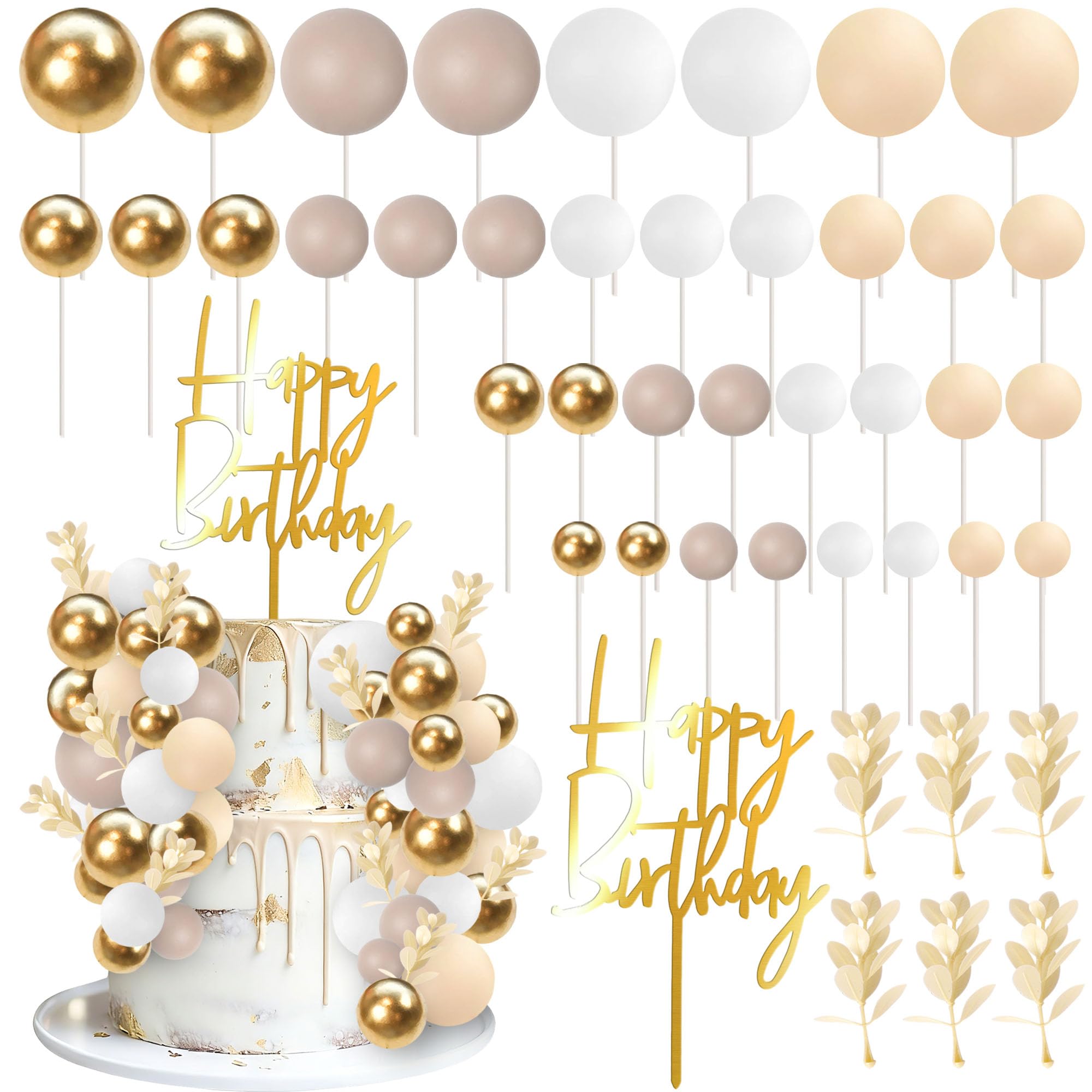 Xsstarmi Boho Cake Decoration with Gold Balloon Balls Bohemian Happy Birthday Cake Pick for Wedding Birthday Christenings Party DIY Cake Decorations Supplies