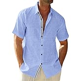Runcati Mens Linen Button Down Shirt Short Sleeve Casual Lightweight Summer Beach Shirts Vacation Wedding Tops