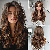 Jadeadyseg Honey Brown Highlight Blonde Wavy Wigs for Women Long Layered Wavy Wig with Curtain Bangs Long Highlight Honey Blonde Mix Brown Synthetic Shaggy Layered Hair for Daily Party Use 24Inch