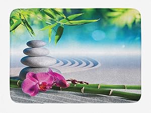 Ambesonne Spa Bath Mat, Sand Orchid and Massage Stones in Garden Sunny Day Meditation Yoga, Plush Bathroom Decor Mat with Non Slip Backing, 29.5" X 17.5", Blue Gray