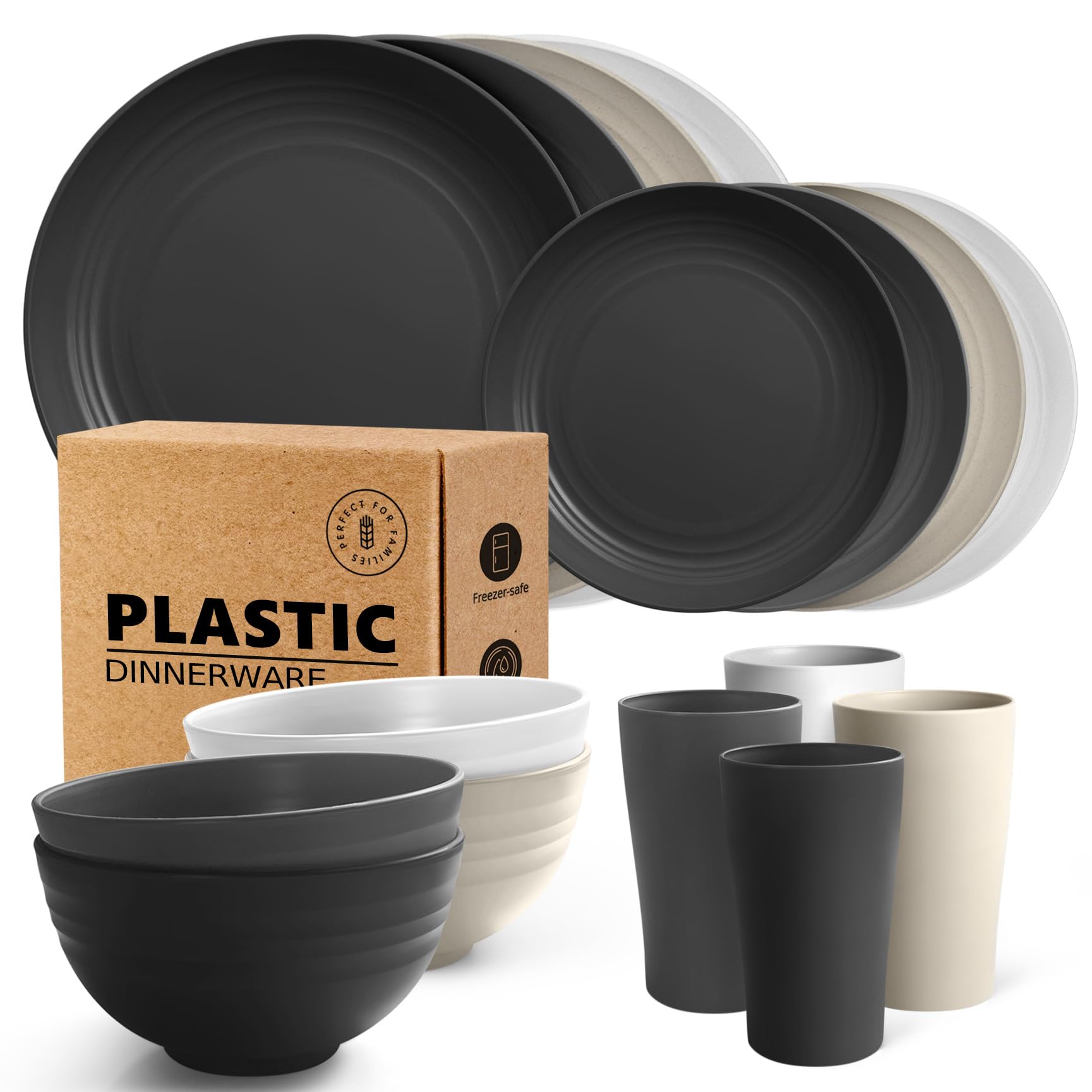 Teivio 16-Piece Kitchen Plastic Dinner Set, Service for 4, Dinner Plates, Dessert Plates, Cereal Bowls, Cups, Unbreakable Plastic Plates and Bowls Set, Outdoor Camping Dishes, Stone