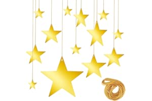 AJCOTAHM 24Pcs Gold Hanging Stars Decorations, Glitter Star Cutouts with 55 Yard Gold Nylon String Double Sided Star Cardboard for Wedding Birthday Party Graduation Classroom Home Wall Ceiling Decor (4 Size)