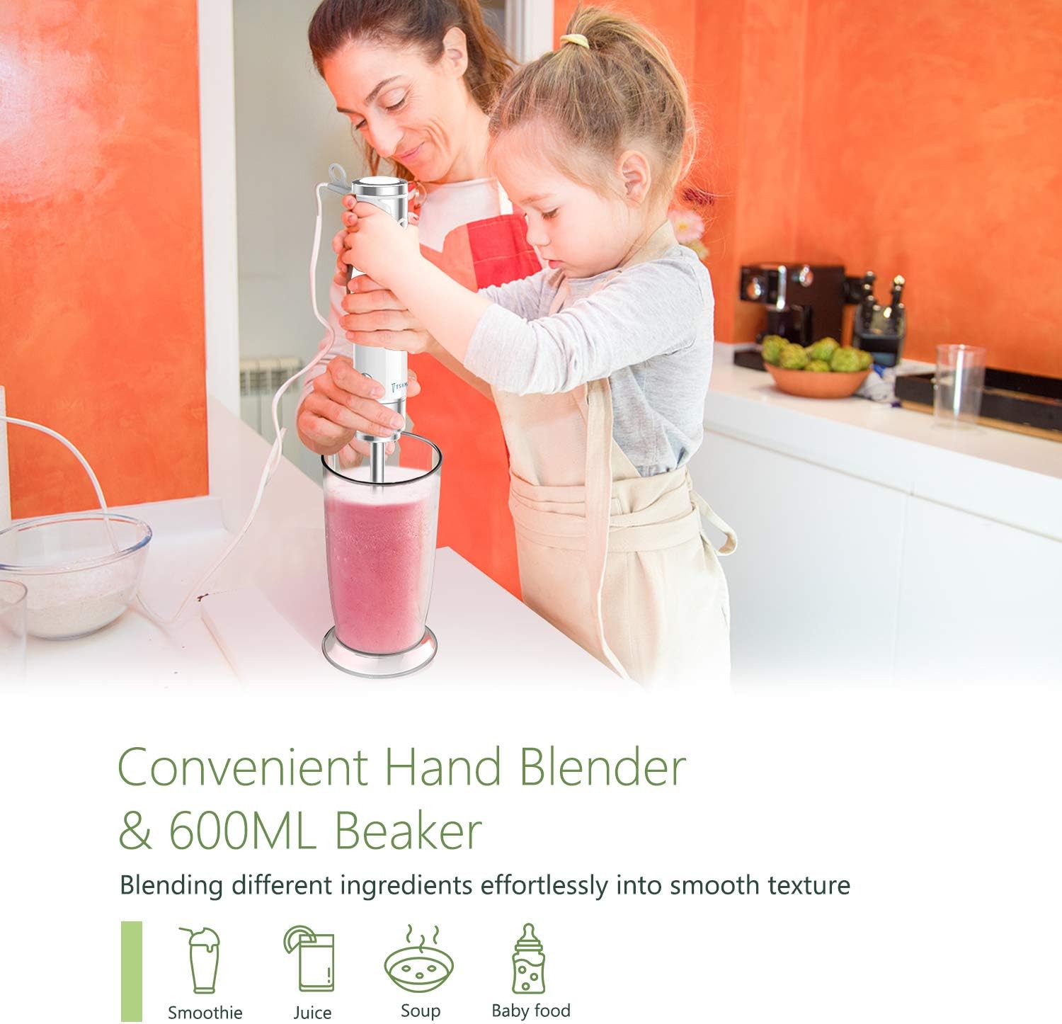 TSYMO 800W Hand Immersion Blender, 4-in-1 Hand Blender with 6-Speed+Turbo, 304 Stainless Steel Stick Blender, Mixing Cup, Food Chopper, Whisk Attachment for Smoothies, Puree Baby Food, BPA-Free: Kitchen & Dining