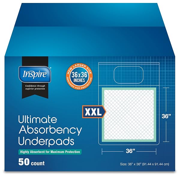 INSPIRE EXTRA LARGE SUPER ABSORBENT DISPOSABLE BED PADS FOR INCONTINENCE (36″ X 36″ PACK OF 50) ULTRA THICK AND ABSORBENT UNDERPADS CHUX ADULTS, PUPPIES, DOGS KIDS FURNITURE PROTECTION