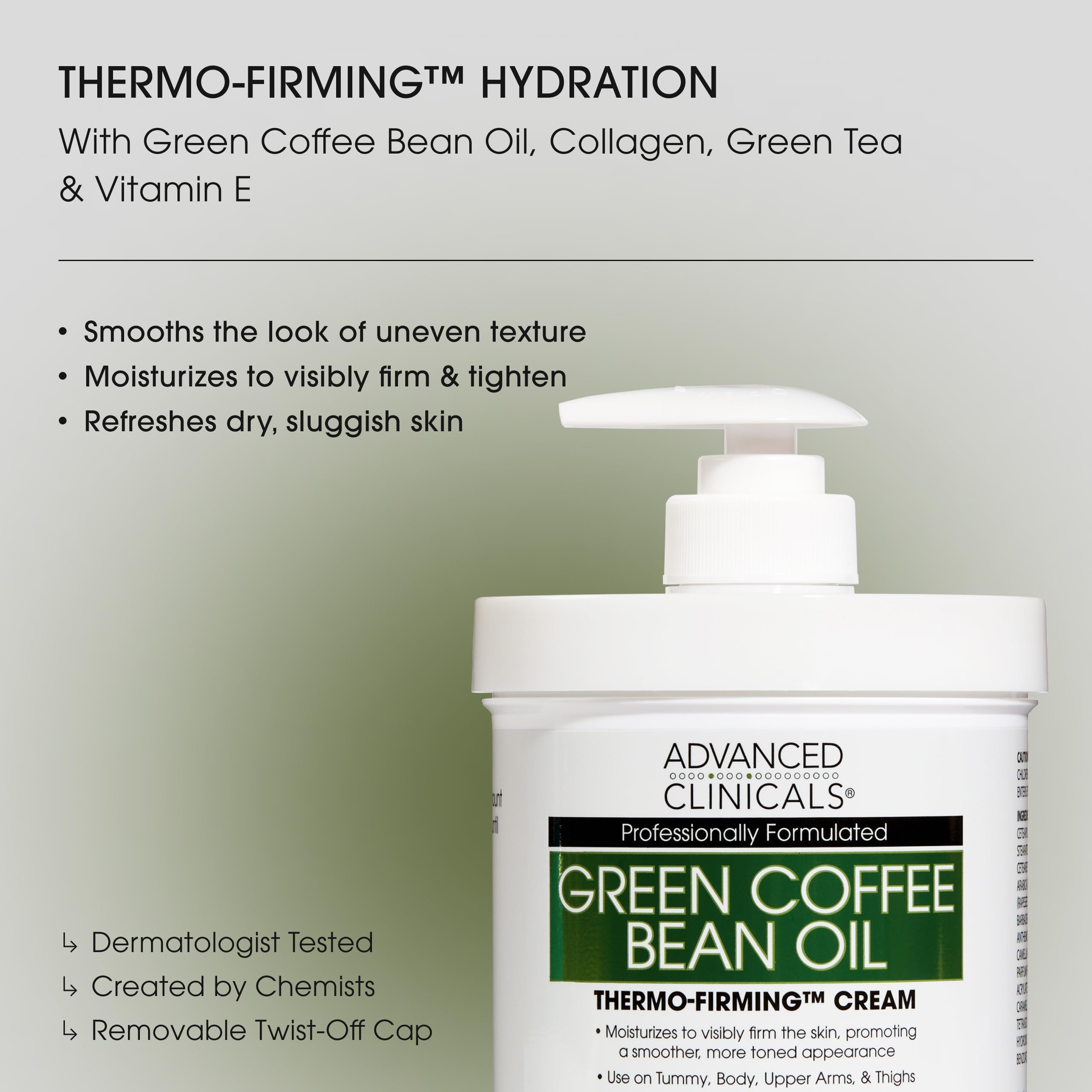 Advanced Clinicals Green Coffee Bean Thermo - Firming Body Lotion | Caffeine Infused Collagen Cream Moisturizer & Body Cream For Women, Stomach, Legs, & To Improve Look Of Textured Crepey Skin, 16 Oz
