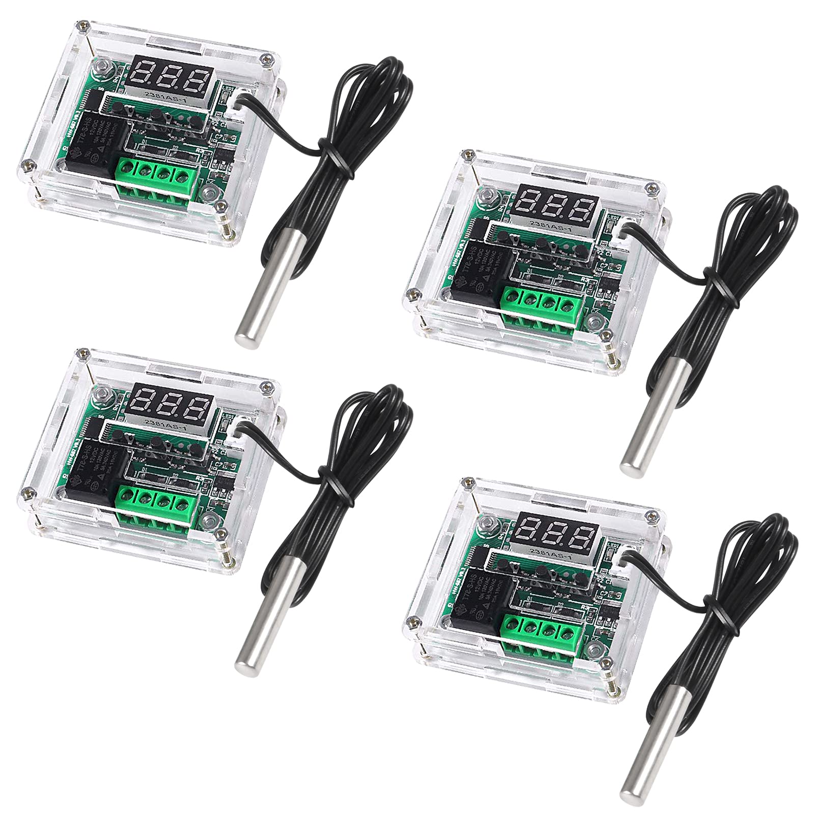 AOICRIE 4 PCS W1209 Digital Temperature Controller, 12V DC Micro Digital Thermostat -50-110 Degrees Celsius Electronic Temp Control Module Switch with NTC Waterproof Sensor Probe (With Case)