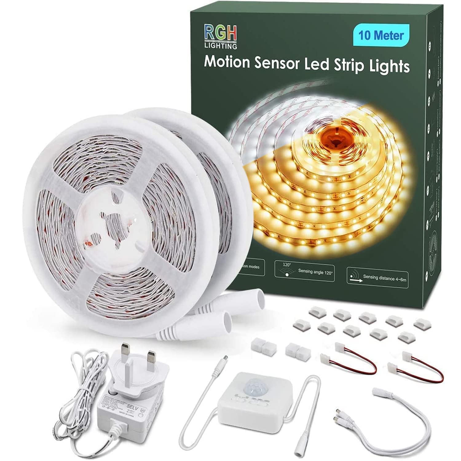 Motion Sensor Led Strip Lights 10 Meters, 6000k White Led Light Strip Day or Night Motion Activated 2 Modes for Cabinet Kitchen Living Room Bedroom Stair Decor