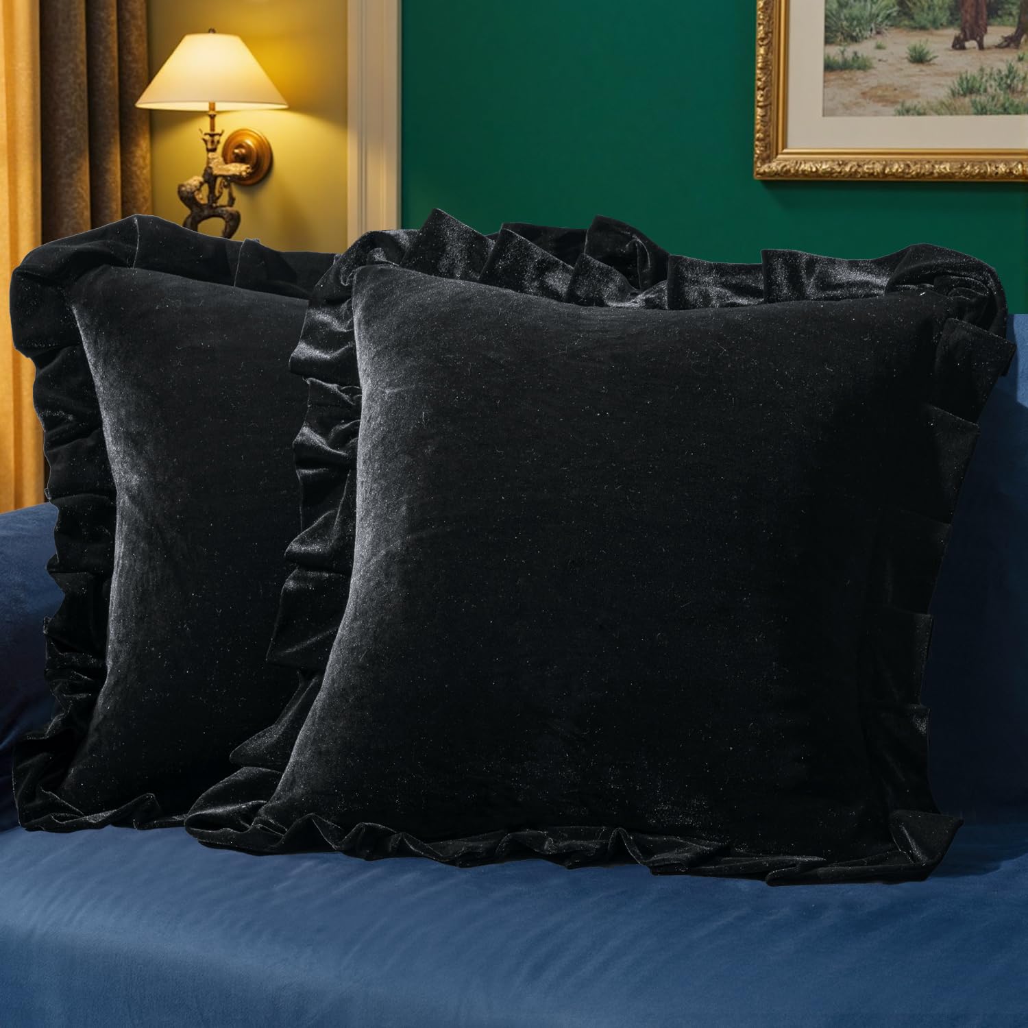Photo 1 of ***PARTIAL SET ONLY 1 CASE*** MIULEE Velvet Ruffle Throw Pillow Covers Soft Luxurious Black Pack of 2 18x18 Inch Square Cushions Vintage Gothic Decorative Ruffled Pillow Shams for Sofa Couch Bedroom Chair