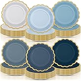 Tiangrid 96 Pcs Dusty Blue Paper Plates 9 Inch Gradient Scalloped Paper Blue Disposable Dinner Dessert Plates for Birthday Wedding Bridal Party Supplies, 6 Colors