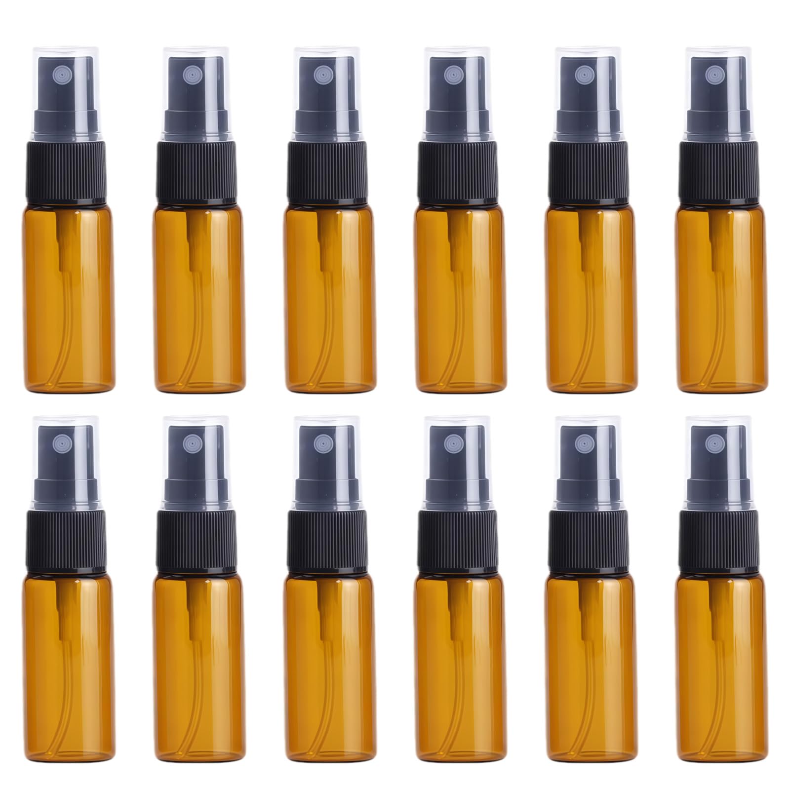 12PCS Amber Empty Refill Glass Spray Vial Bottle Jar Pots with Black Nozzle and Clear Cap Makeup Water Perfume Cosmetic Sample Packing Storage Container Fine Mist Sprayers Atomizers(15ml/0.5oz)