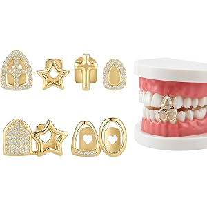ETZRUNO 6PCS Dental Grillz, Gold Plated Fake Grills For Your Teeth, Hip Hop Mouth Cap Jewelry, Halloween Party Accessories Fo