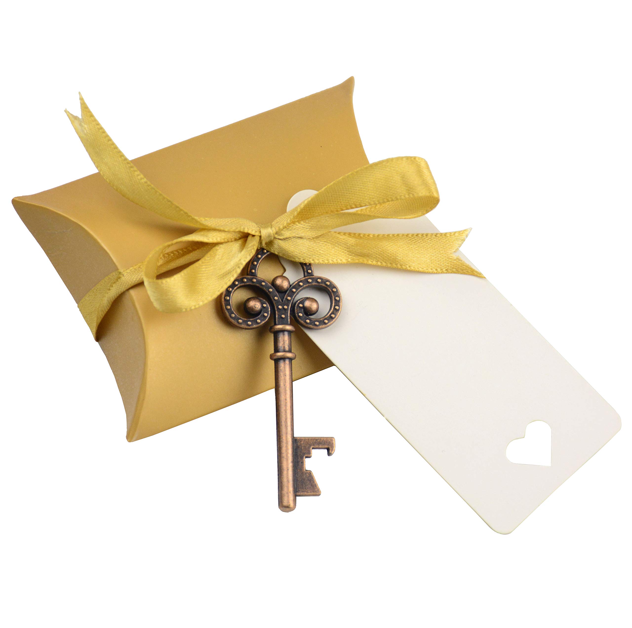 Makhry 50pcs Wedding Favor Souvenir Pillow Candy Box Gift Set Vintage Skeleton Key Bottle Openers Escort Gift Card Thank You Tag French Ribbon (Copper)