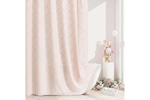 Craidlela Boho Light Pink Woven Fabric Shower Curtain with Tassel 72 x 72 Modern Farmhouse Minimalist, Pink Bohemia Tufted Chevron Striped Chic Textured, Waterproof Cloth Curtain for Bathroom