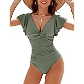 Blooming Jelly Women One Piece Swimsuit Plus Size Tummy Control Bathing Suit Full Coverage Swimwear L, Army Green