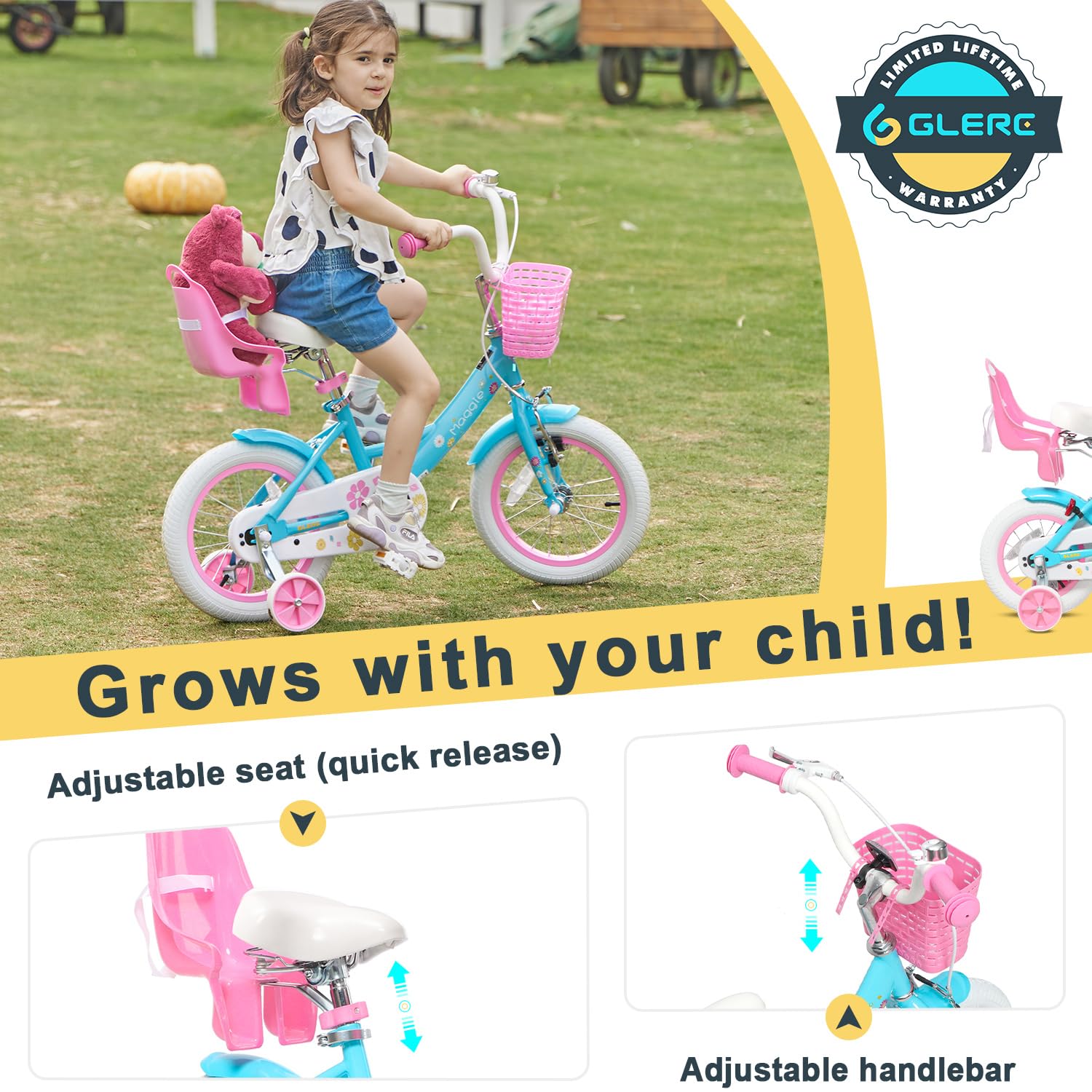 Glerc Maggie Girls Bike, 12-20 Inch Kids Bike for 2-13 Years Old Children, Princess Style Kids Bicycle with Doll-Seat & Basket & Training Wheels, Multiple Colors