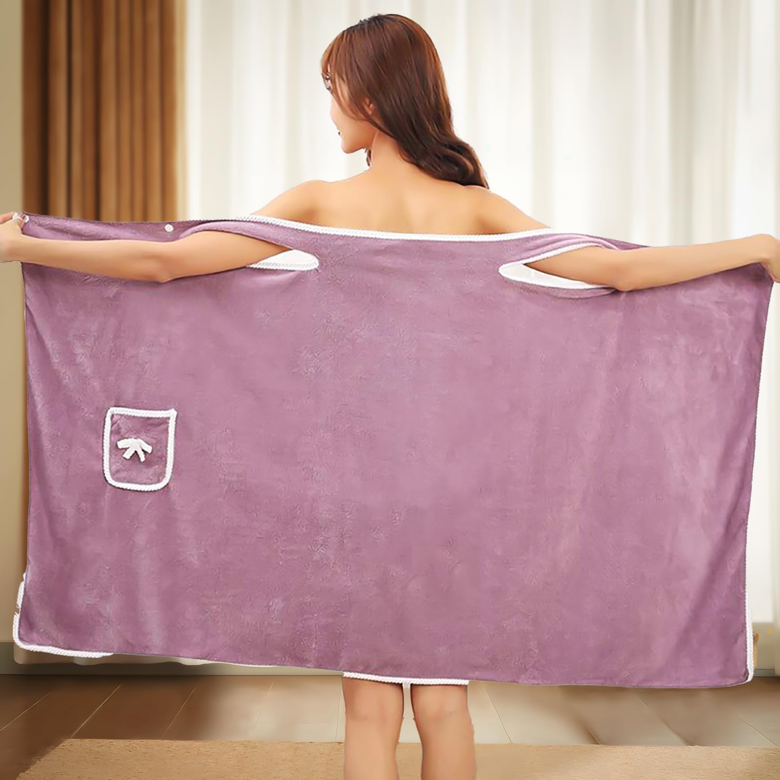 Photo 1 of Bathrobes Wearable Quick-Dry Shower Wrap for Women Soft Absorbent Towel Dress with Pocket Adjustable Spa Bathrobe Travel-Friendly Bath Wrap