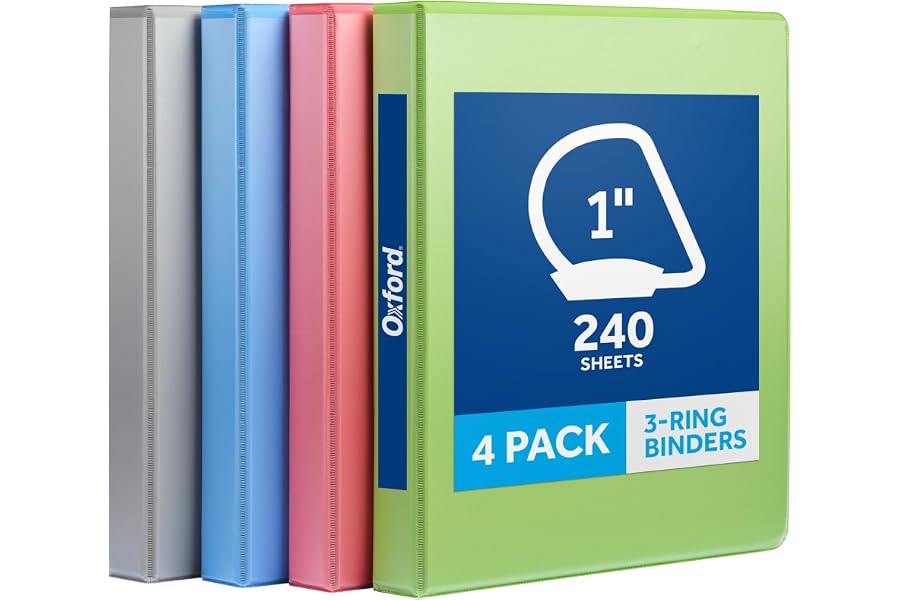 Oxford 1 Inch 3 Ring Binders, 4 Pack, Assorted Colors, Holds 240 Sheets | D rings, clear view covers for custom inserts, and 2 inside pockets. PVC free, non stick. Stock up pack.