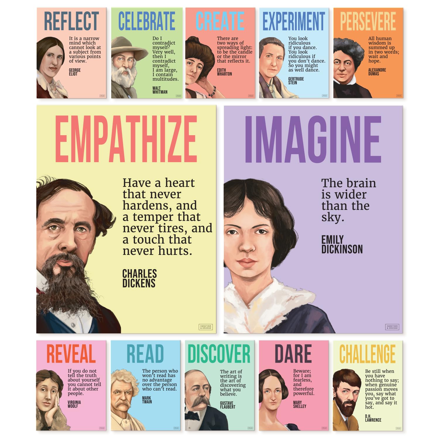 S&O Authors Literature Posters for English Classroom Decor - Inspire with English flyers for High and Middle classrooms - Literature motivated billboard for Library Decor, Reading Corner - 12 PCS