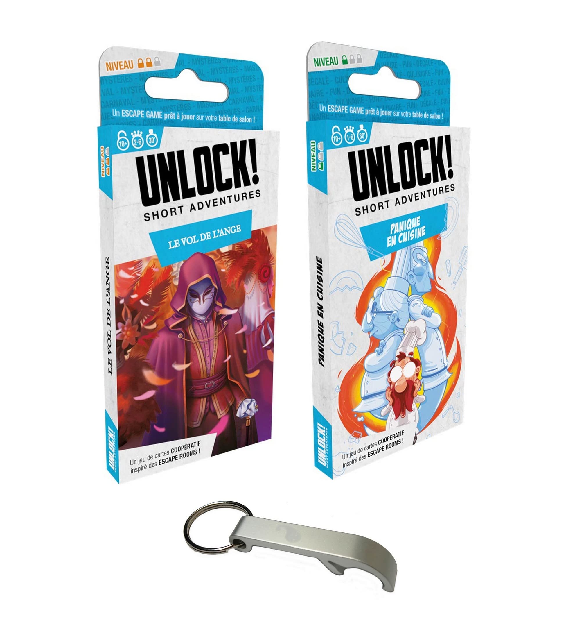 Set of 2 Adventures Unlock Shorts in French + 1 Bottle Opener Blumie (Angel Flight + Panic in Kitchen)