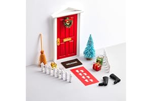 Civaner Magic Fairy Doors Christmas Decorations Miniature Tiny Wooden Tooth Door Mini Enchanted Outdoor Decor for Christmas Accessories Fairy Tale(Red Door, Brown Mat)