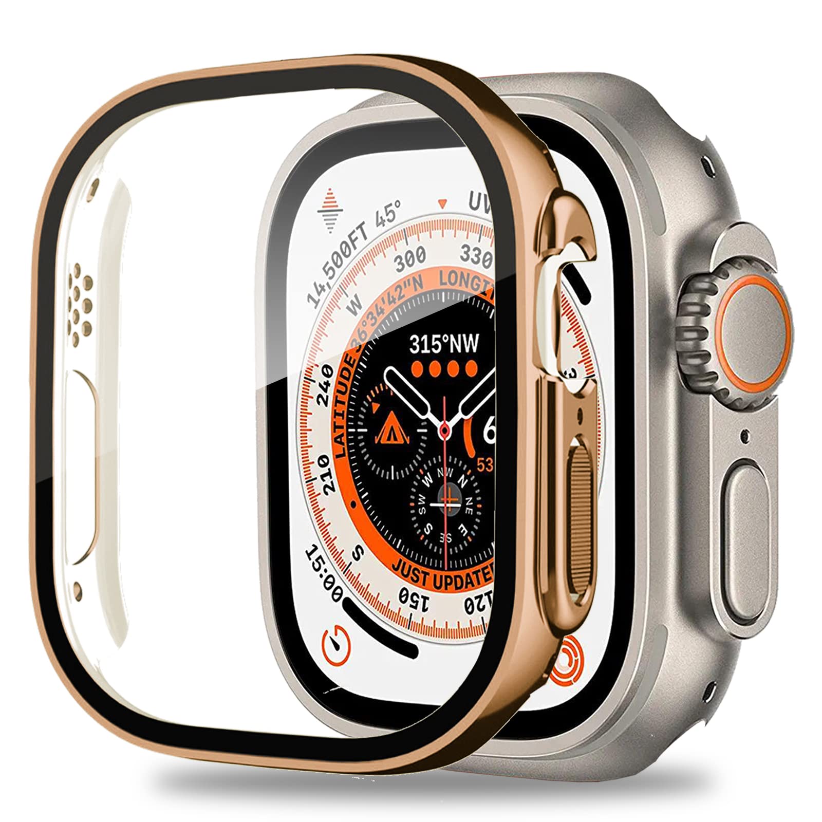 Miimall Compatible with Apple Watch Ultra 49mm Case Tempered Glass Screen Protector, Ultra-Thin Hard PC Shockproof All-Around Bumper Shell Protective Cover for iWatch Ultra 49mm(Rose gold)