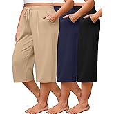 Huukeay 3 Pack Women's Plus Size Capri Pants, Wide Leg Drawstring Capris Sweatpants Loose Cropped Yoga Pants with Pockets