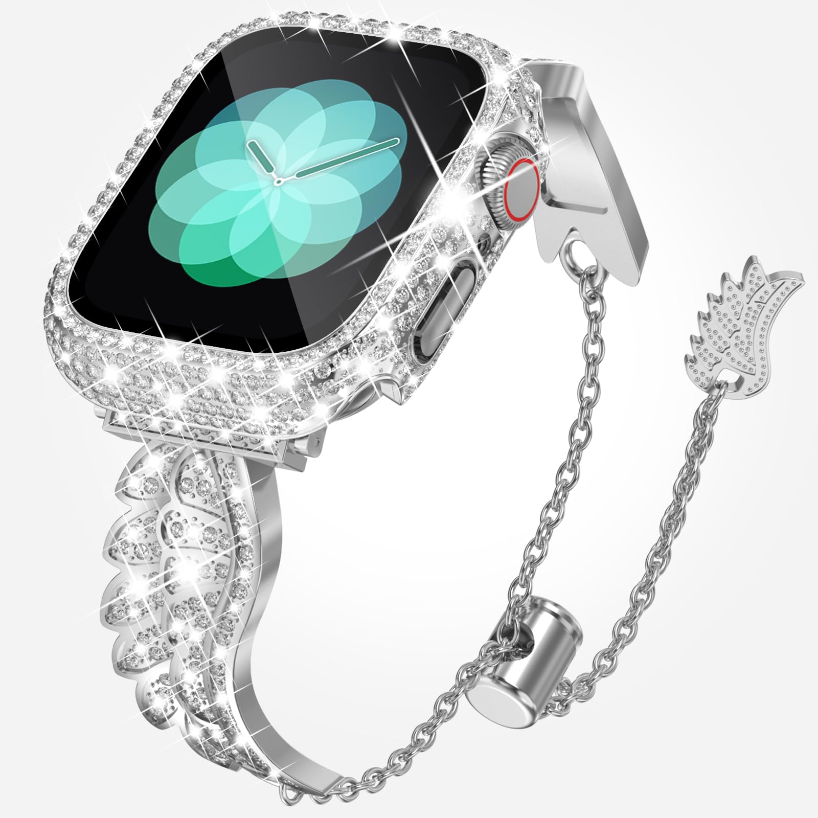 KADES Band & Case Designed for Apple Watch Series 38mm 40mm 41mm 42mm 44mm 45mm Women Metal angel Wings Strap with Bling Rhinestone Screen Protector Cover for iWatch 6 5 4 SE SE2 (44mm,Silver)