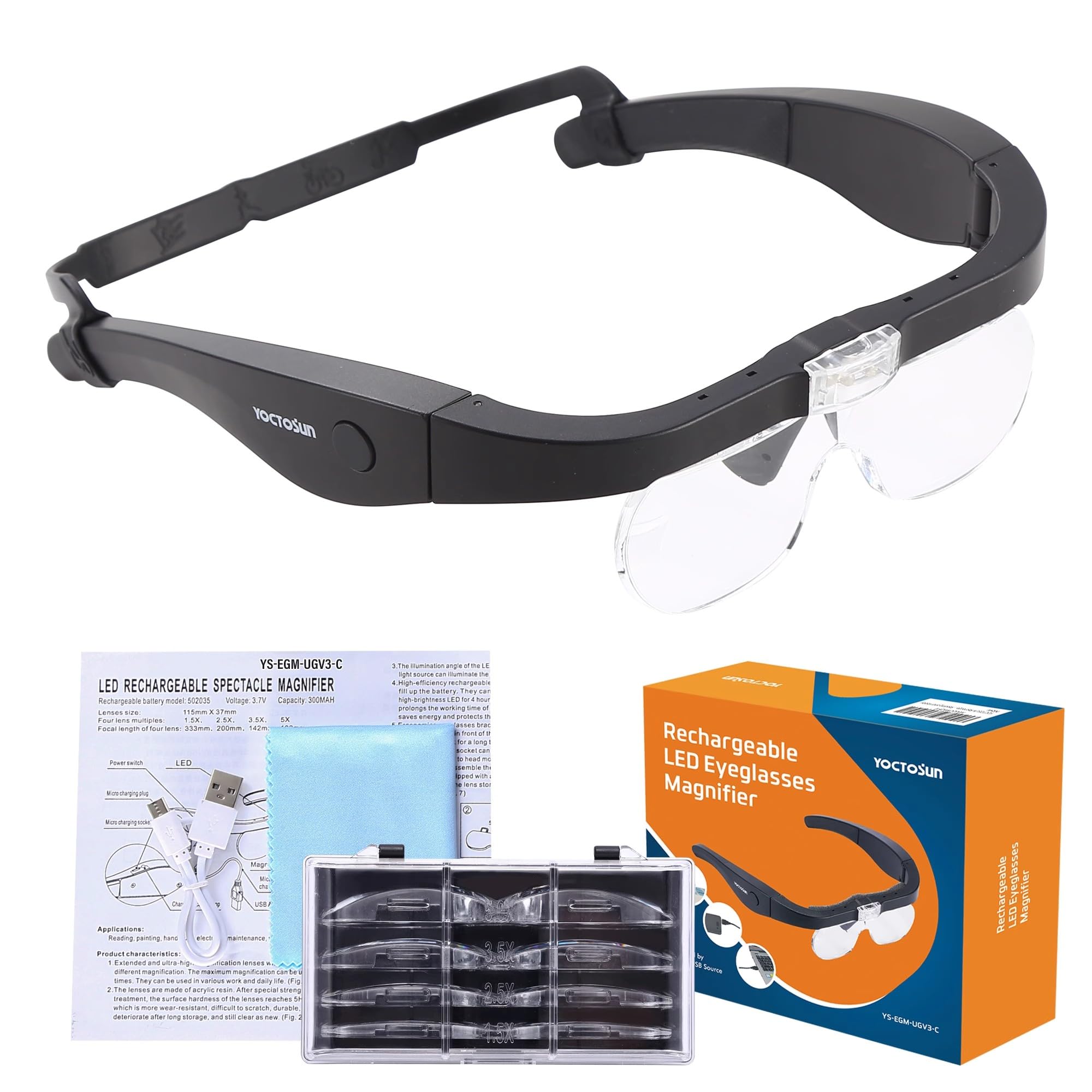 YOCTOSUN Rechargeable Head Magnifier Glasses, Eyeglasses Magnifier with 2 LED Lights and Detachable Lenses 1.5X, 2.5X, 3.5X,5X, Best Magnifying Glasses for Reading and Hobby
