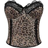 SweatyRocks Women's Sparkly Sequin Lace Corset Tops Leopard Print Strapless Y2K Tube Top Streetwear