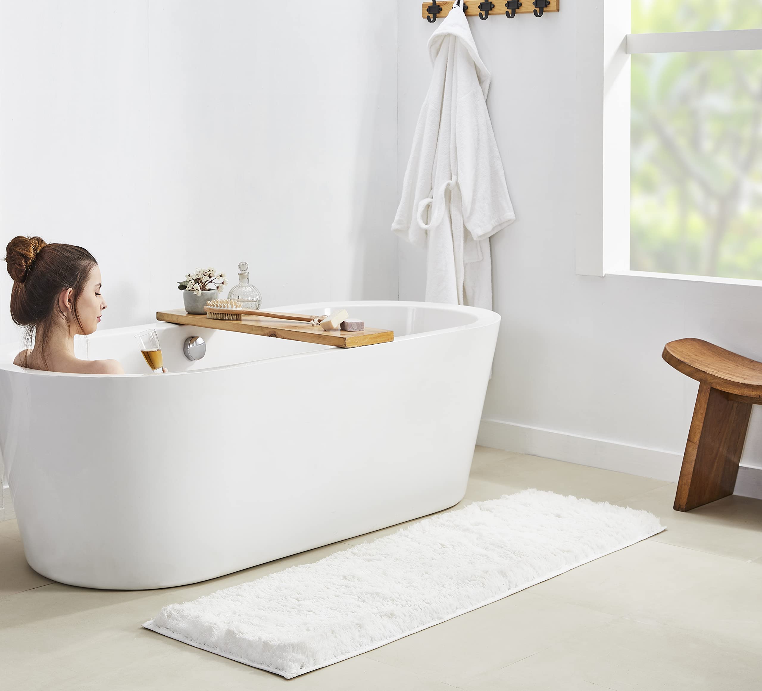 Penguin Home Non Slip Microfiber Fluffy Ruby Bath Mat White Colour Super Soft and Absorbent With Thick Pile and Latex Backing for Bath Room Floors, Bath rugs Size-50 x152 cm Pile Height -1.2 cm