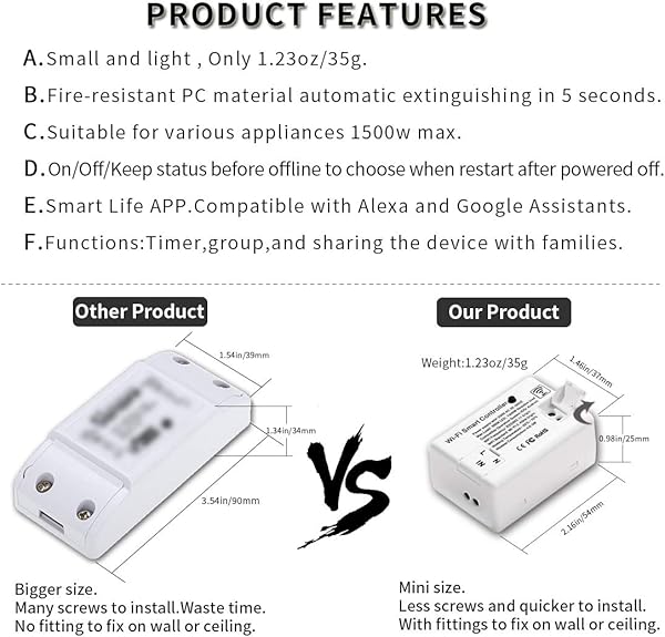 CNBINGO   Juego de 2 interruptores wifiwifi mdulo mini para la mayora de los dispositivos interruptor de luz inteligente funciona con AlexaGoogle Home conductor neutro se requiere